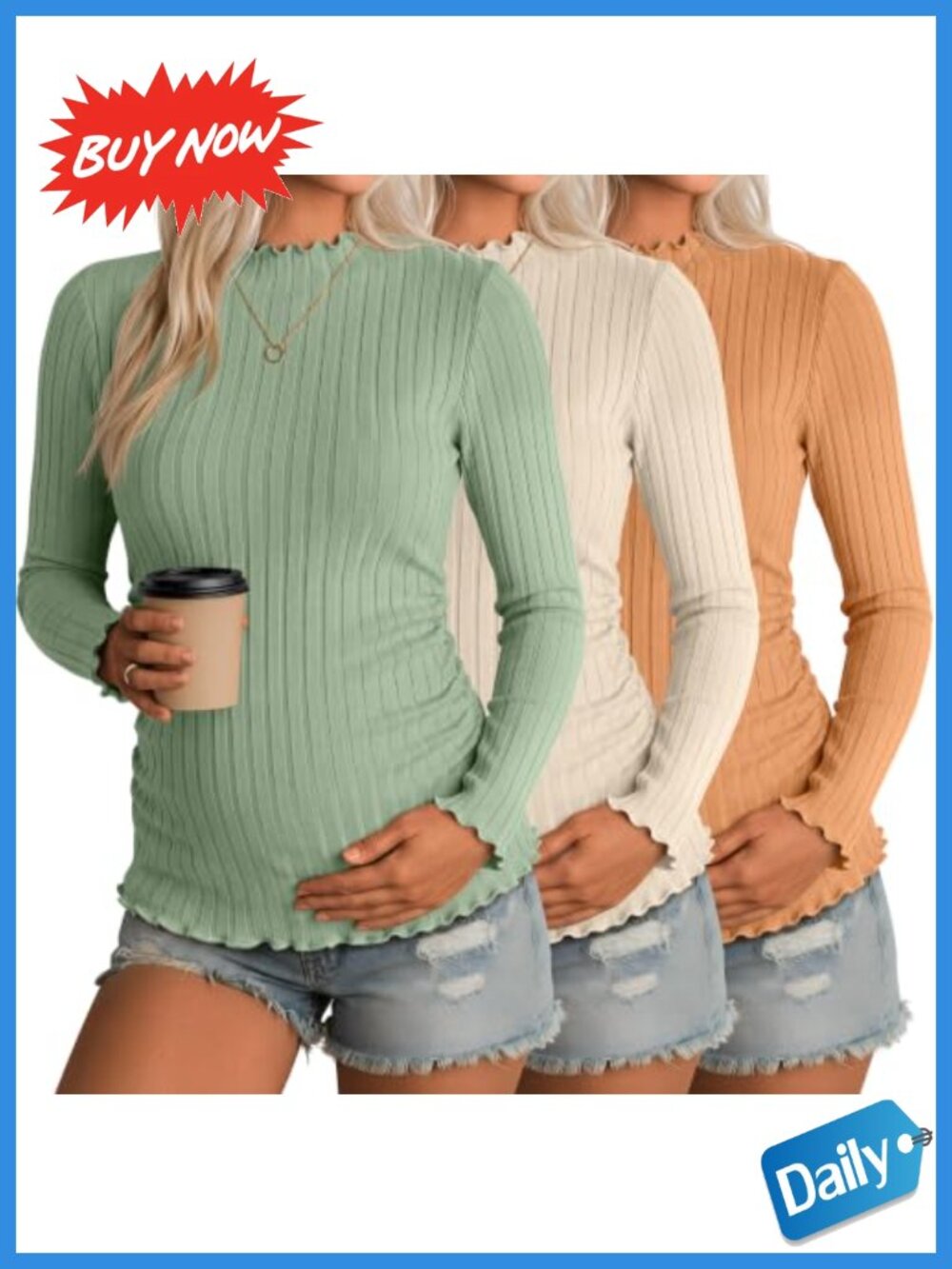 3 Pack Maternity Long Sleeve Ribbed Shirts Lettuce Trim Slim Fit Tops
